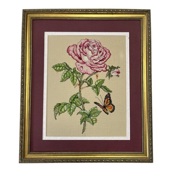 Vtg Framed Cross-Stitch Rose & Butterfly – 1998 Floral Needlework Art, 16x14 - Picture 1 of 4